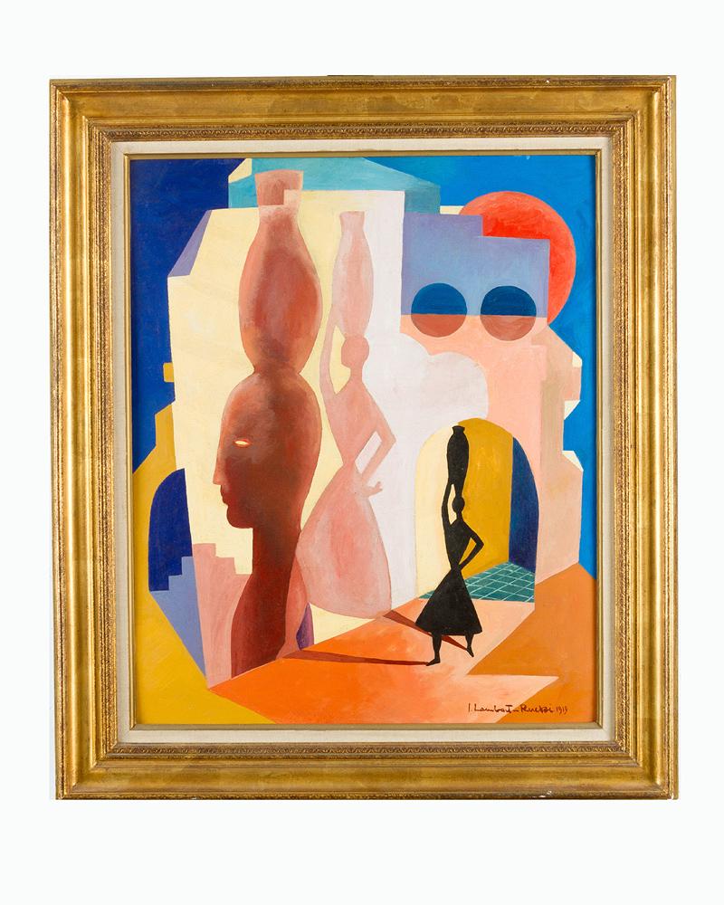 Jean Lambert Rucki (1888-1967): Jean Lambert Rucki (1888-1967). Cubist composition with girl carrying a vase; oil on board; signed and dated 1919 bottom right; framed. Notes: Painting Dimensions: 73x59cm
