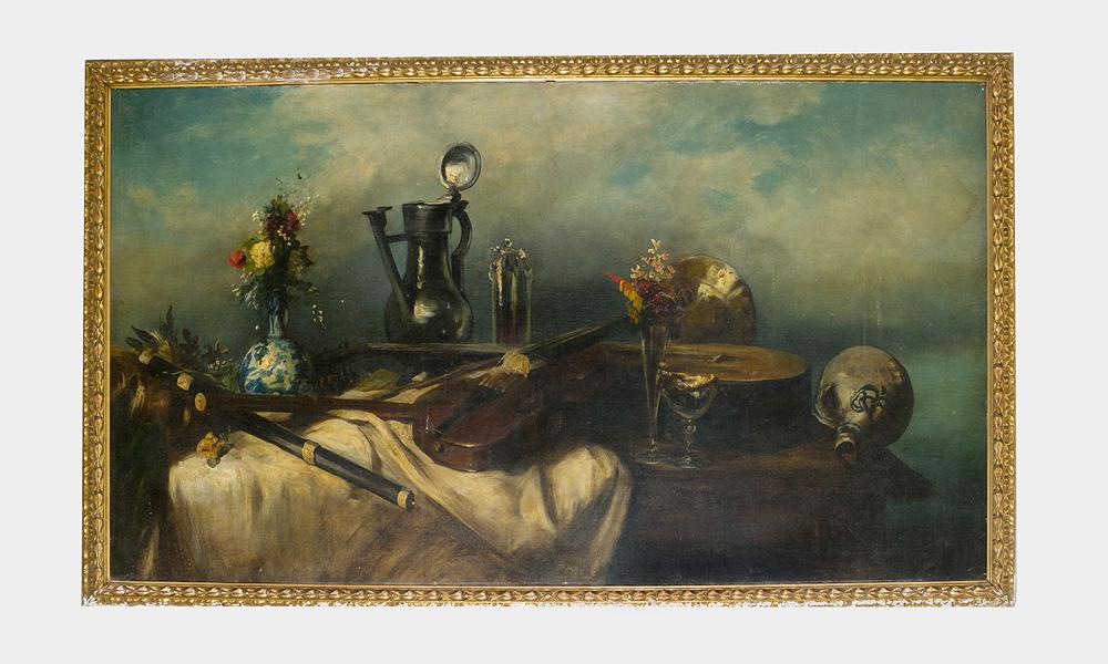 Albert Hertel (1843-1912): Albert Hertel (1843-1912), Large style life with music instruments and vases oil on canvas, signed bottom right, framed.