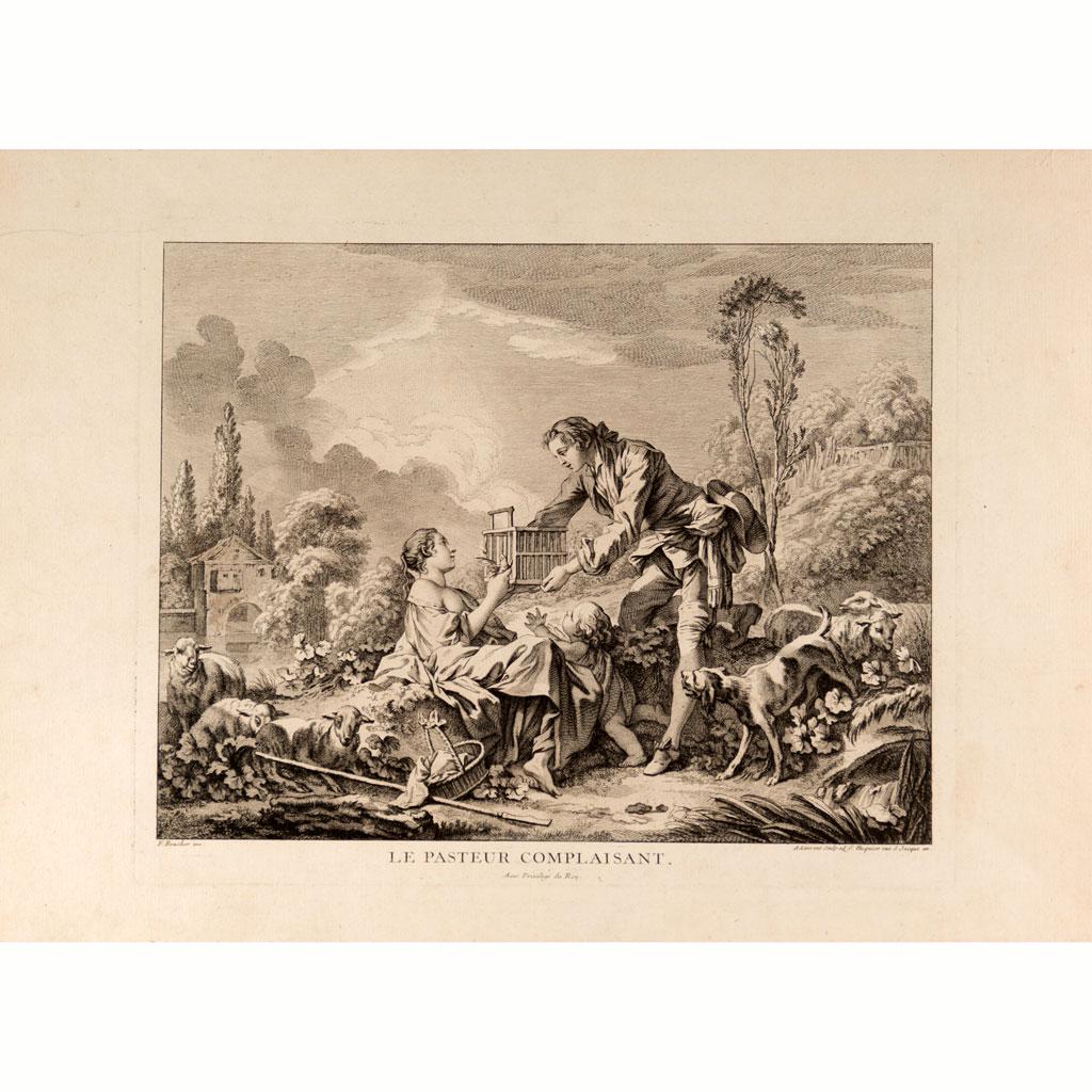 Francois Boucher (1703-1770)- Graphic: Francois Boucher (1703-1770)- Graphic, le pasteur complaisant, engraving on paper by A. Laurent. 36.5x49cm