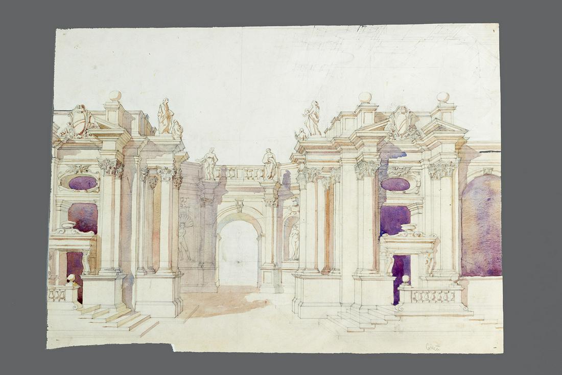 Architectural drawing: Architectural drawing of a baroque monument with several scales, black chalk with watercolour on paper, signed on the bottom, on the reverse column studies, 18th/19th Century. Dimensions: 49x60cm