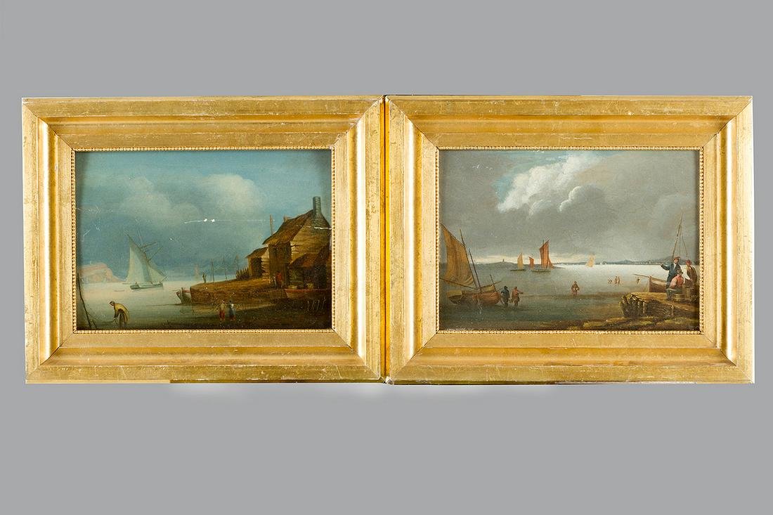 English School around 1800: English School around 1800, Pair of seascapes with fishers, ships and boats; oil on oak panels; framed; on the reverse described Thomas Luny; a pair. 34X24cm
