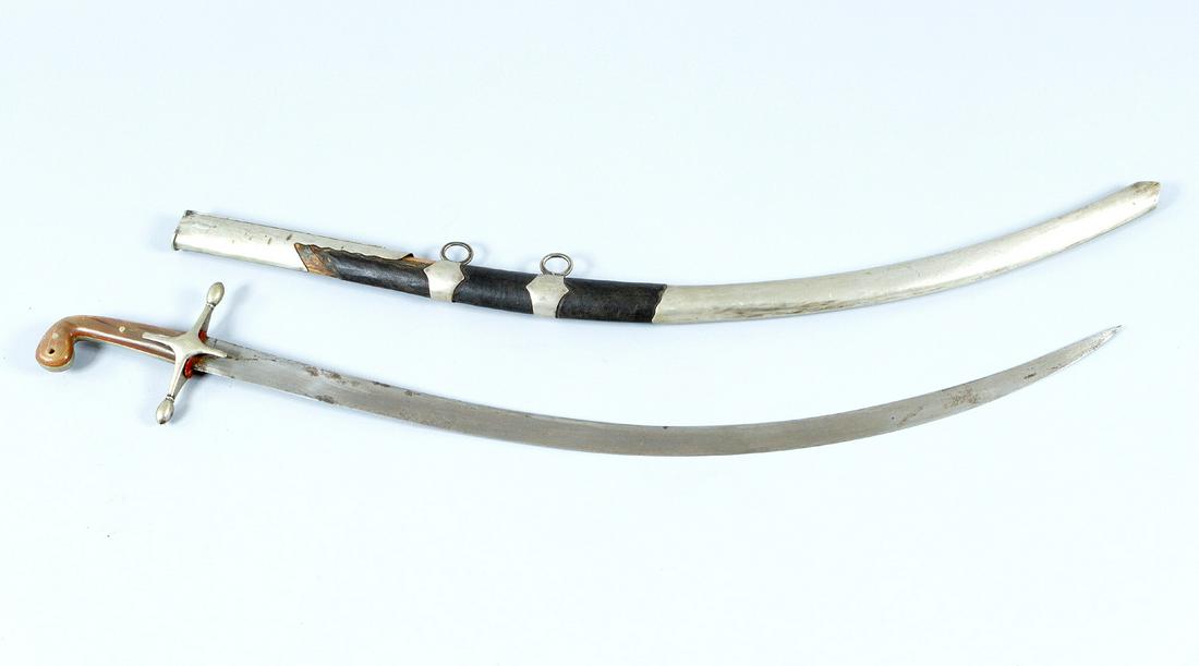 Islamic sword: Islamic sword with bowed and polished blade, hand protection and grip, in original scabbard, 19th Century. Dimensions: 94cm long