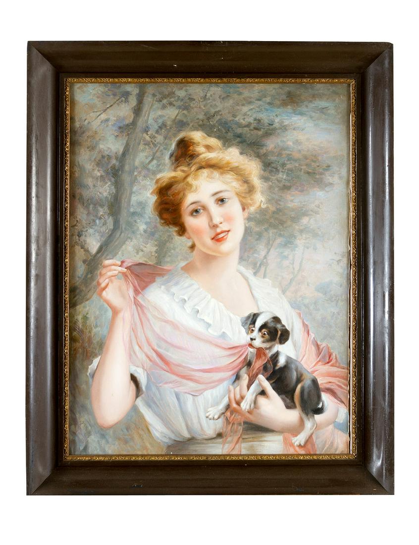 Paul Emile Vernon (1872-1920): Paul Emile Vernon (1872-1920), Girl with dog in landscape, oil on canvas, framed. Dimensions: 80x60cm
