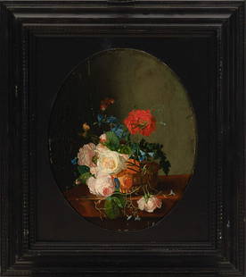 Rachel Ruysch (1664-1750)- circle: Rachel Ruysch (1664-1750)-circle. Flower still life in basket on marble plinth, surrounded by insects and butterflies. Oil on wooden panel, framed. Oval 60x50cm