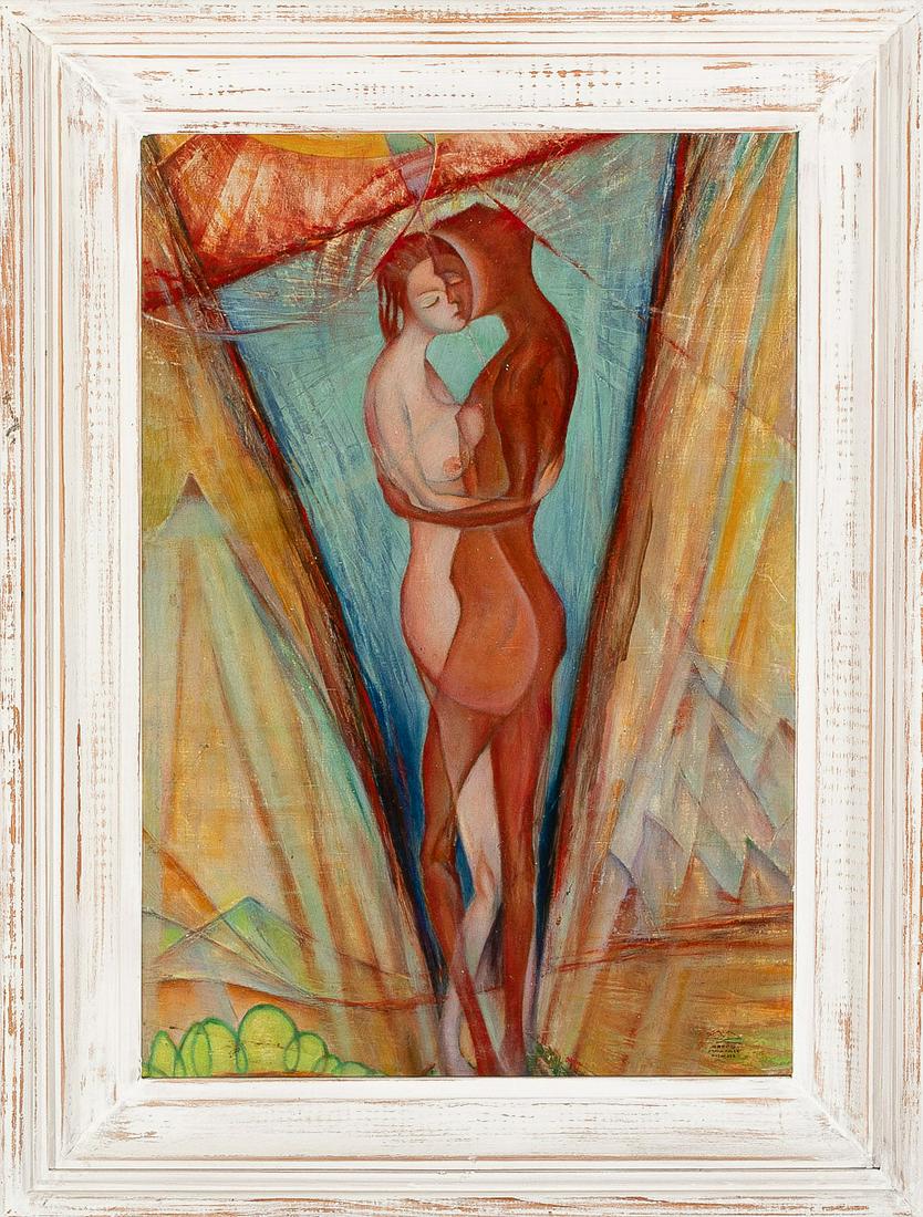 Marko Kolev ( Bulgarian Artist 20. century ): Marko Kolev (Bulgarian Artist 20th Century ), Couple, oil on board, stamped with estate stamp, framed. 52X37cm