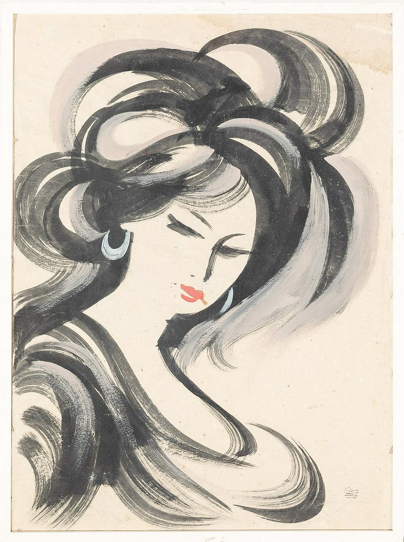 Marko Kolev (Bulgarian 20. century): Marko Kolev (Bulgarian 20. Century)., Girl portrait, mixed techniques on paper, estate stamp, framed, under glass. 68X50cm