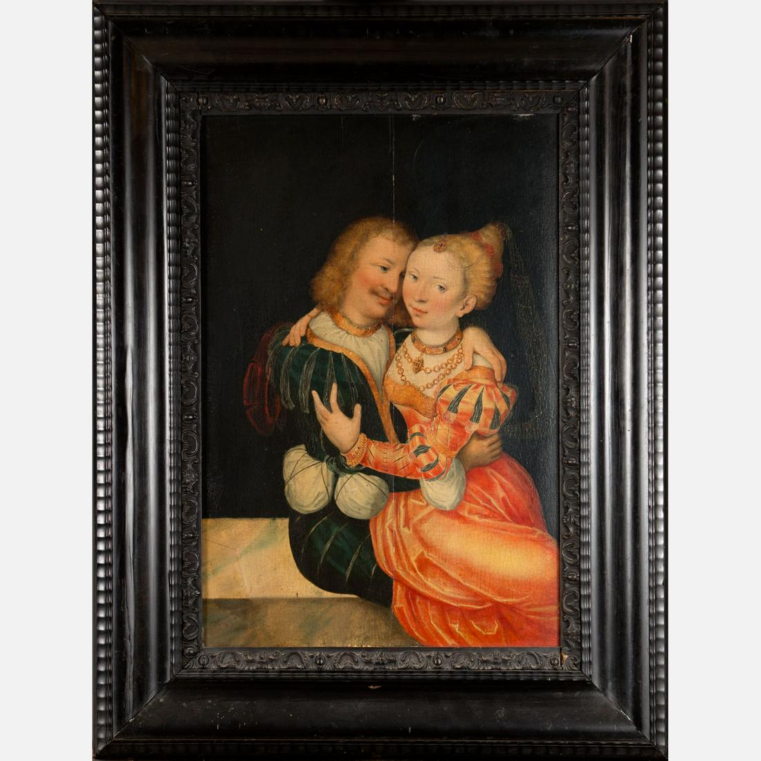 Lucas Cranach the Younger (1515-1586)-attributed: Lucas Cranach the Younger (1515-1586)-attributed, Loving couple, oil on wooden panel; on the lower left corner a part of 11x6cm later adapted; framed. 53X37cm