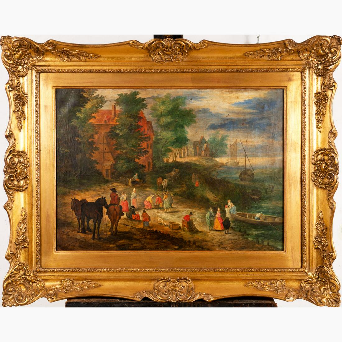 Jan Brueghel the Younger (1601-1678)-school: Jan Brueghel the Younger (1601-1678)-school, Village by the sea with travellers and merchants; oil on canvas, framed. 50X70cm