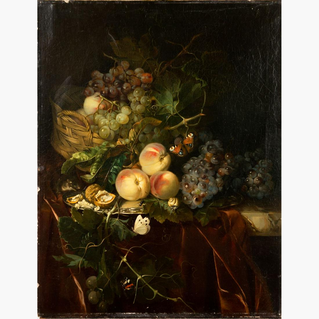 Willem van Aelst (1627-1683)-follower: Willem van Aelst (1627-1683)-follower, Still life with fruits, silver plate and insects on a drapped table; oil on canvas. 77X60cm
