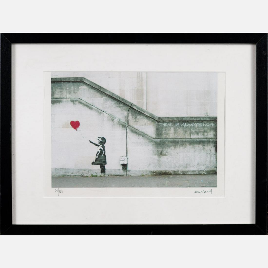 Banksy-graphic: Banksy-graphic, Girl with red balloon 2014, edition number 31 of 150, framed, under plexiglass, with certificate on the reverse. 20X30 cm
