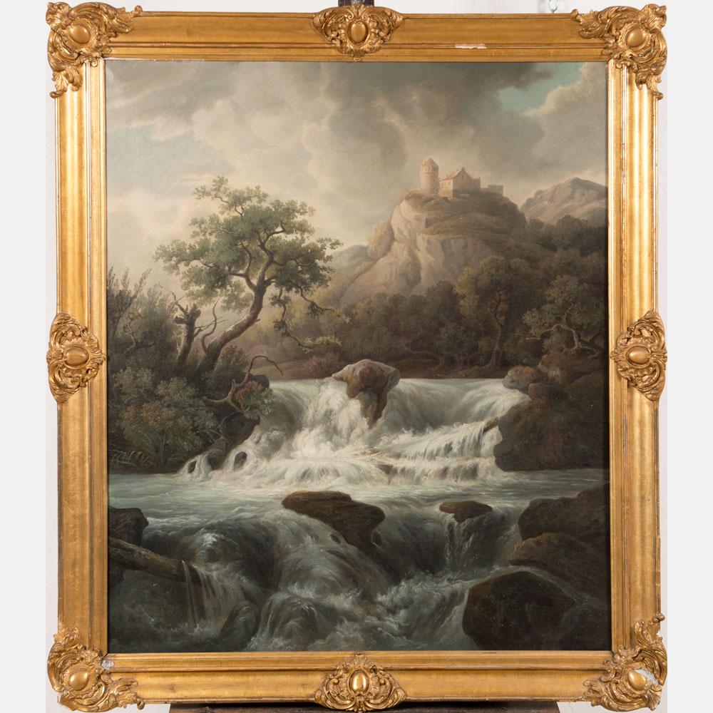 Bohemian Romantic School mid of 19th Century: Bohemian Romantic School mid of 19th Century, Landscape by river with a castle, oil on canvas, in original frame. 95X80cm