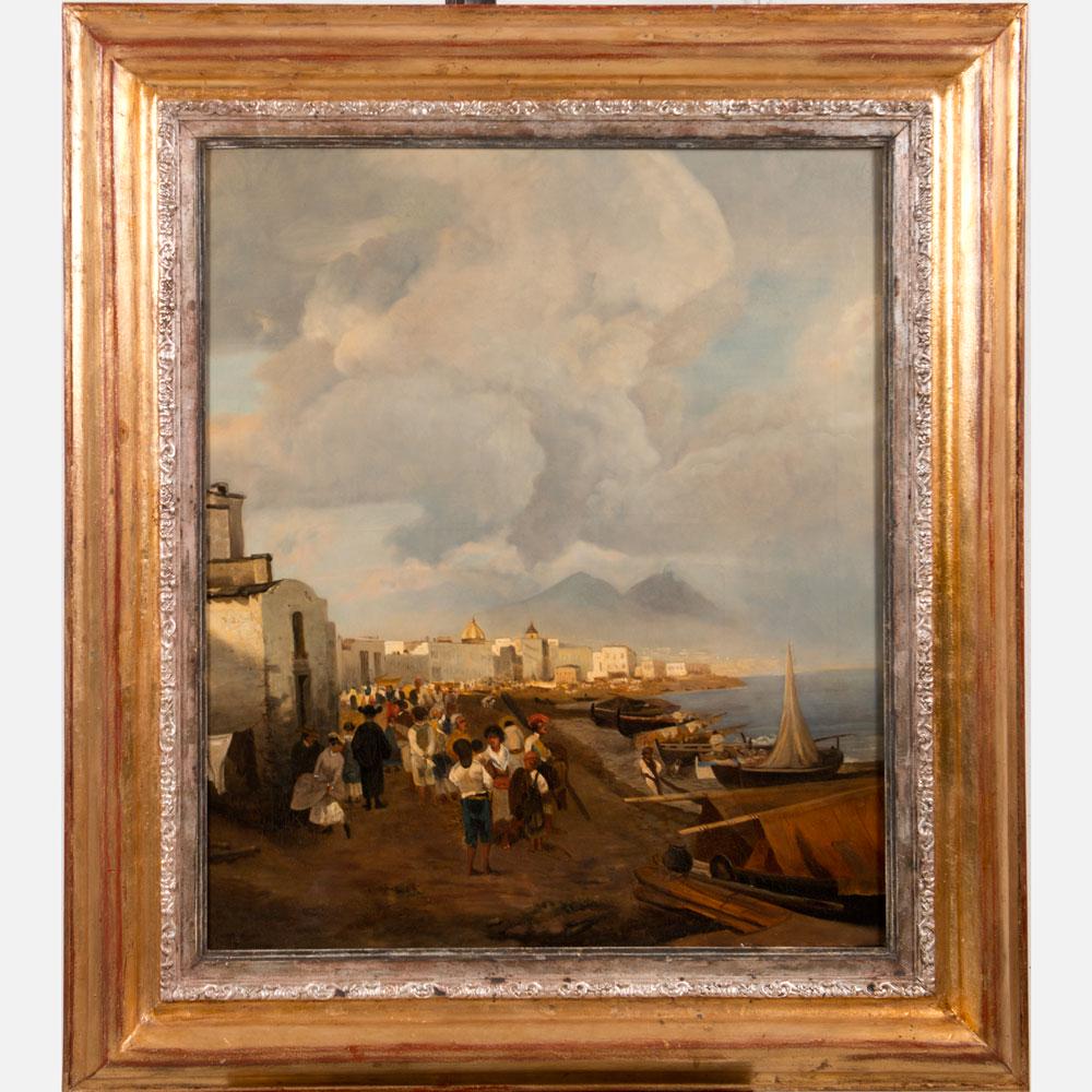 Oswald Achenbach (1827-1905)-attributed: Oswald Achenbach (1827-1905)-attributed, View of the bay of Naples, oil on canvas, framed. 82X96cm