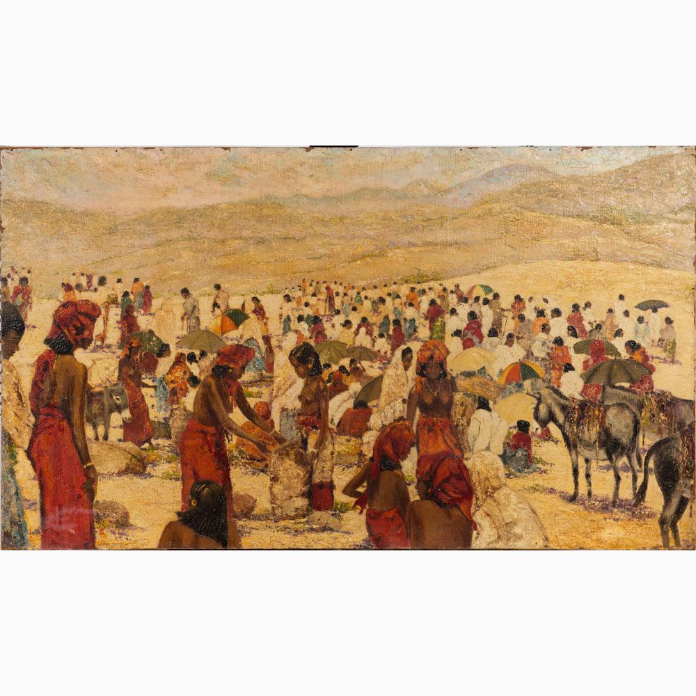 Jan Sluijters (1881-1957) -circle: Jan Sluijters (1881-1957) -circle, African market in landscape; oil on board. 70X121cm