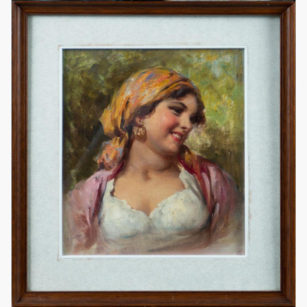 Enrico Frattini (1890-1968): Enrico Frattini (1890-1968), Girls portrait, oil on canvas, framed, under glass. 30X25cm; signed bottom left.