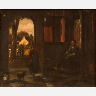 Pieter de Hooch (1629-1684)-attributed: Pieter de Hooch (1629-1684)-attributed, Dutch interior with lady, girl, dog and view to the garden; oil on canvas, framed. Litt.: Sotheby’s see 24 th January 2008 Lot 64; 34x41cm