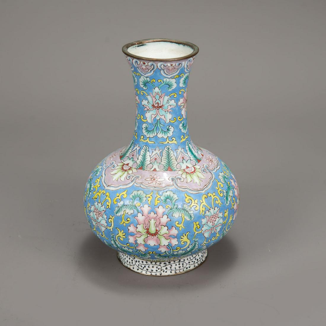 Chinese enamel vase: Chinese enamel vase, in amphora shape, multicoloured enamel decorations, Canton 19 th Century; 20 cm height