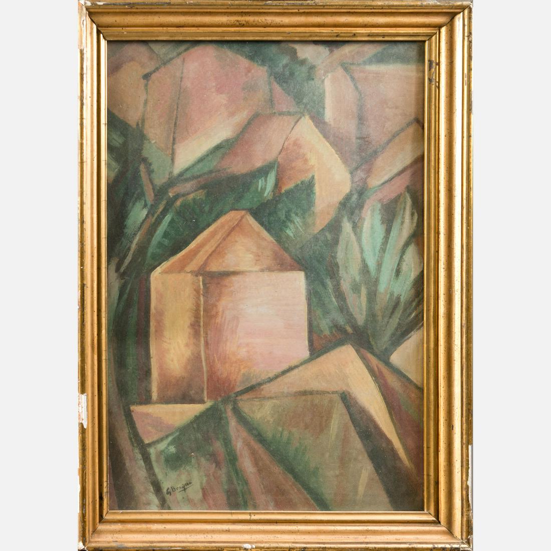 Artist 20 th Century: Artist 20 th Century, Houses, cubist composition, mixed techniques on paper, signed bottom left, unreadable; framed, under glass. 56x40 cm