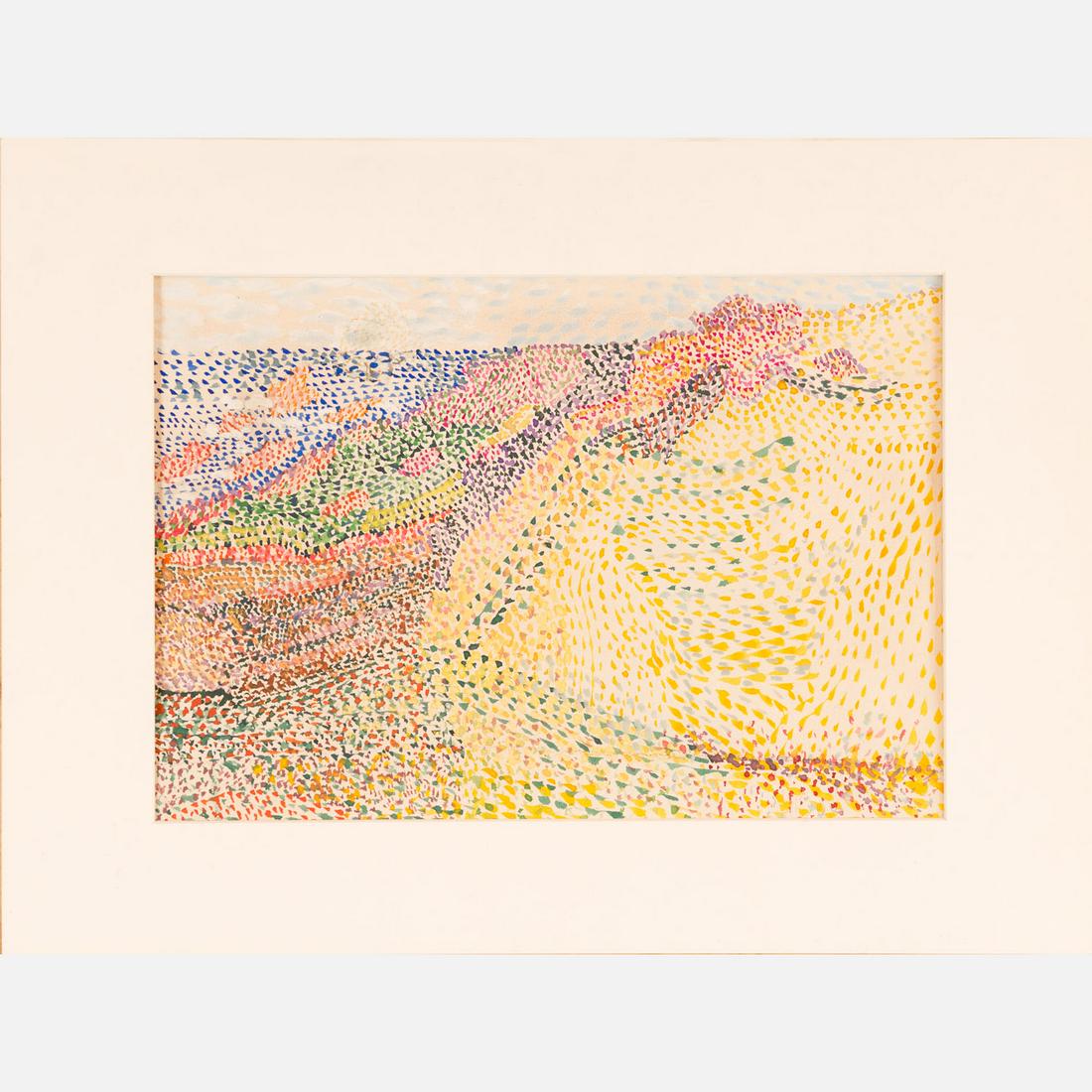 Hippolyte Petitjean (1854-1929)-attributed: Hippolyte Petitjean (1854-1929)-attributed, pointillist landscape by the sea, watercolour on paper, framed in passepartout under glass, 22,2 x 31 cm