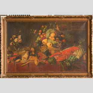 Frans Snyders (1579-1657)- school: Frans Snyders (1579-1657)- school, Large still live with Fruits and Animals on a table oil on canvas framed 100x150cm