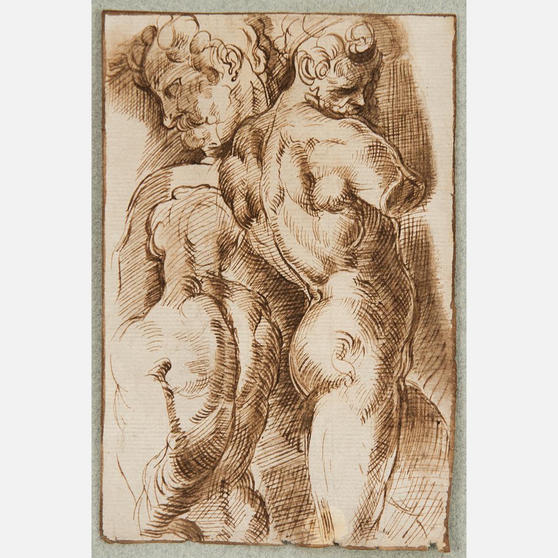 Bartolomeo Passarotti (1529-1592)-attributed: Bartolomeo Passarotti (1529-1592)-attributed,, male body study, brown ink on paper on later blue paper, 15,4 x 10 cm, Lit: see: Louvre Museum , Graphique Inventory of Bolognese Drawings of the 16. Cen