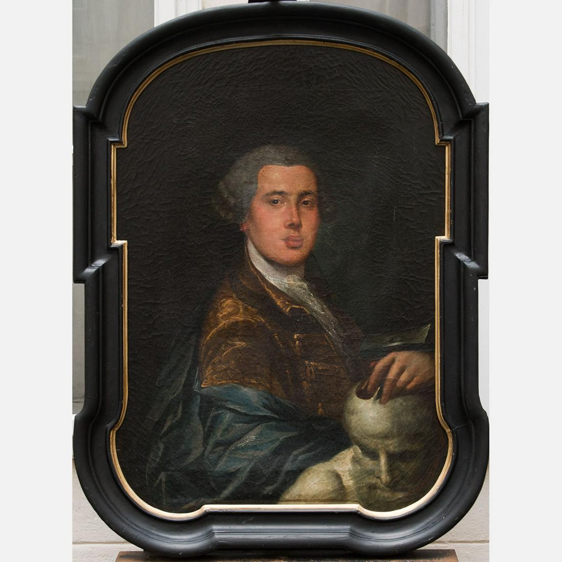 Jacopo Amigoni (1682-1752)-attributed: Jacopo Amigoni (1682-1752)-attributed, portrait of a sculptor with stone bust and hammer, oil on canvas in original frame, on the reverse old paper label with coat of arms, 85 x 60 cm