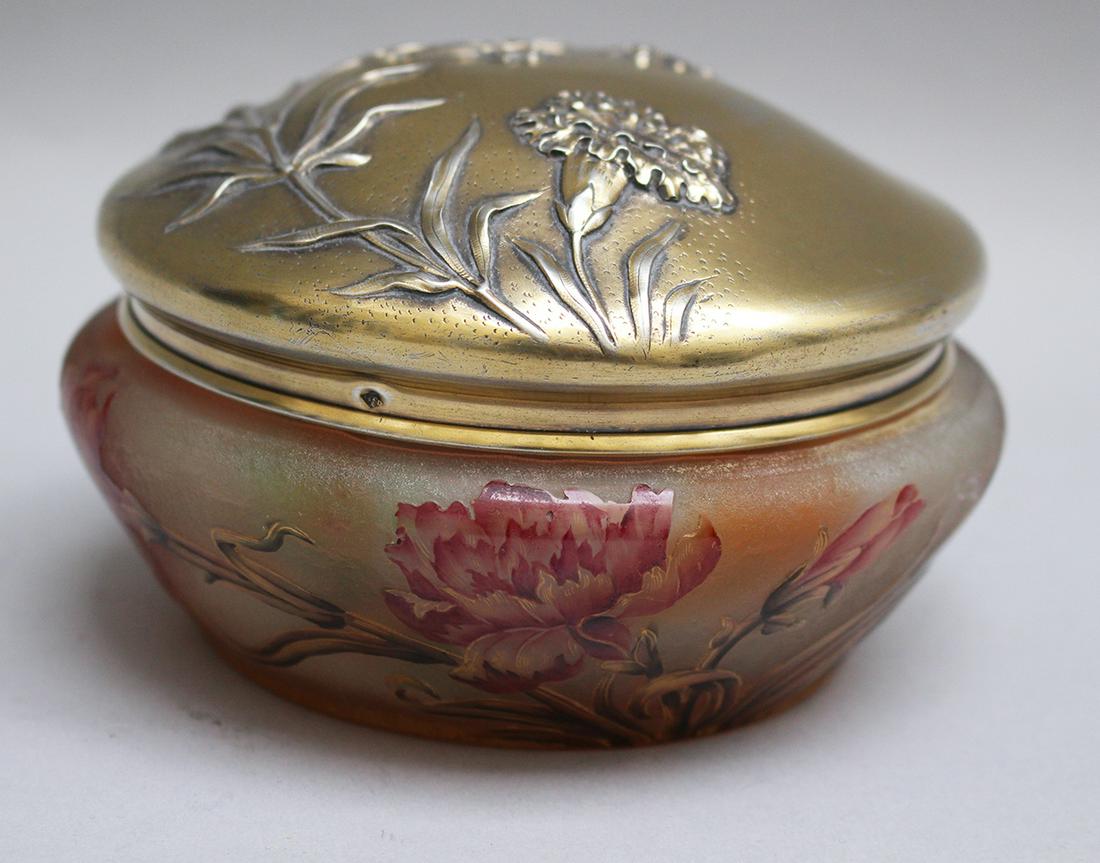 French Art Nouveau Glass Box: French Art Nouveau Glass Box, round bowl shape, with coloured cut glass flowers on white -greyish ground, silver lid with chased flowers, hallmarked, gilded, early 20th century, 14 x 8 cm