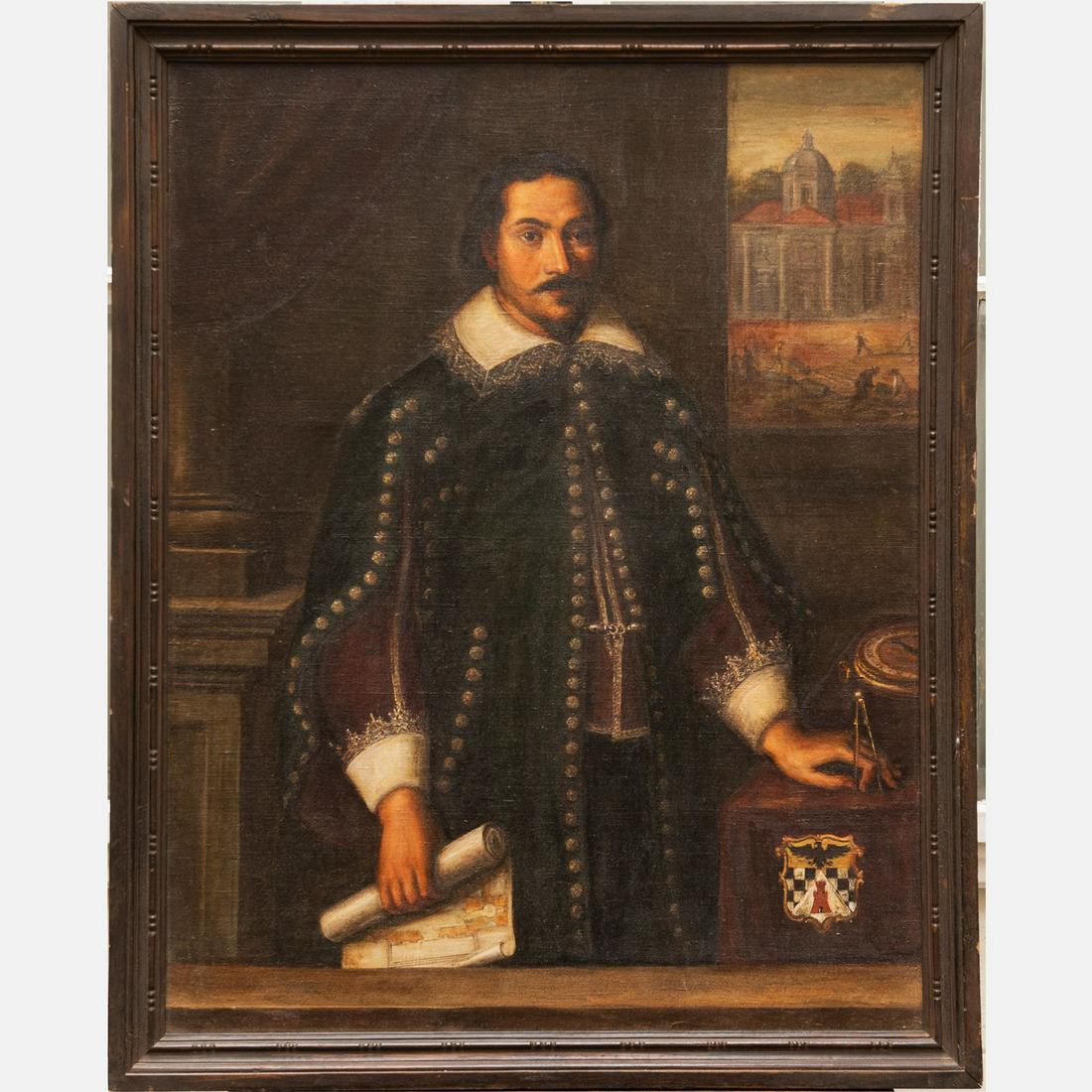 Roman School: Roman School, possible portrait of the architect Francesco Borromini (1599-1667) in front of the Santâ€™ Agnese in Agone holding a plan, instrument, clock and coat of arms, oil on canvas, framed,