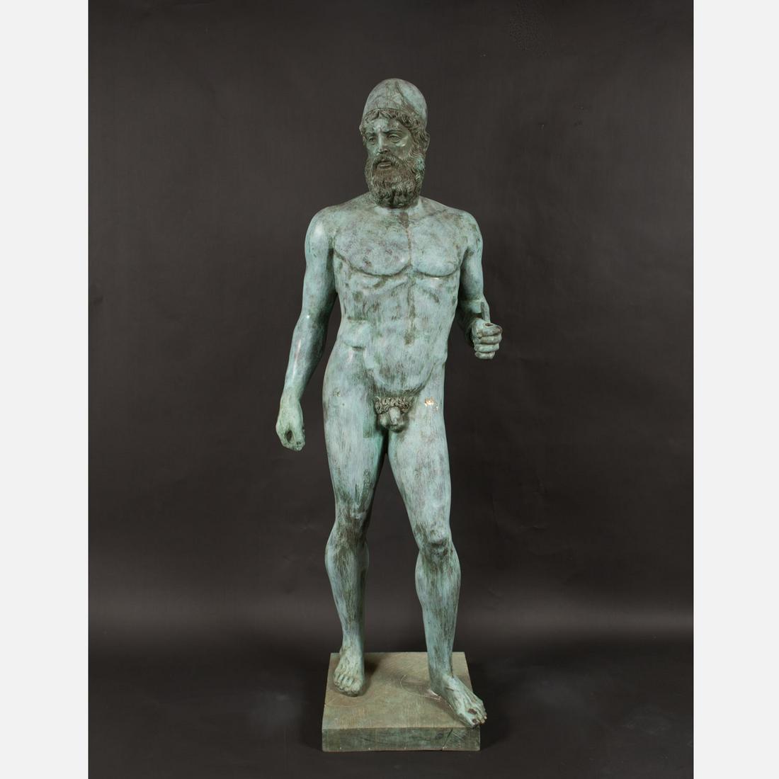 Life size statue after the ancient: Life size statue after the ancient, male standing nude with feet on quadratic base looking to the side, bronze cast with very fine hand finish and original patina and with verdisgrease, original holdi