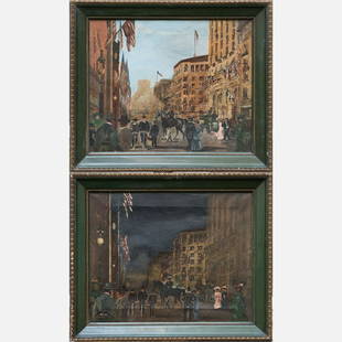 American School 20 th Century: American School 20 th Century, a pair of day an night street scenes, signed bottom left, oil on canvas, framed, each 40 x 50 cm