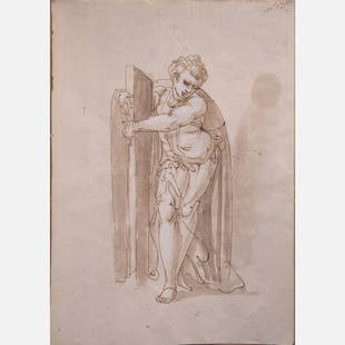 Luca Cambiaso (1527-1585) - Attributed: Luca Cambiaso (1527-1585) – Attributed, allegorical figure, brown ink with grey wash on paper, upper right described, 30 x 21 cm