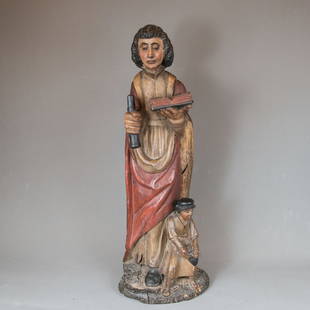 Gothic Sculpture: Gothic Sculpture, of a male saint holding an open book, wood carved with original colours, probably Tyrol 15/16th century, 80 cm high.