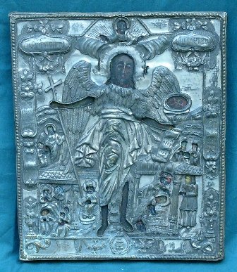 Russian Icon, Archangel Michael, painted on wood, : Russian Icon, Archangel Michael, painted on wood, with metal silvered Oklad, 31x25cm Works of Art