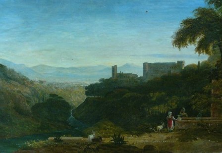 Romantic Artist early 19. century, Italian Lansca: Romantic Artist early 19. century, Italian Lanscape with goat shepherds at a well and a fortress in distance, oil on canvas 92x65 Painting