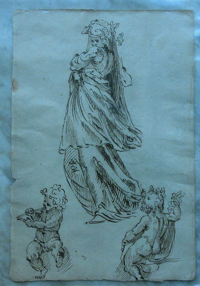 Bartolomeo Passarotti (1529-1592)-follower, Study of a : Bartolomeo Passarotti (1529-1592)-follower, Study of a woman looking dawn and two cherubs, black ink on paper. Folds, spots. 280x185mm Drawing