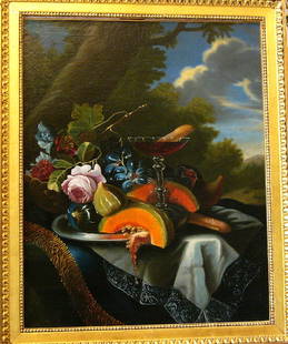 Maximilian Pfeiler (1656-1746)-attributed, A pair of Fr: Maximilian Pfeiler (1656-1746)-attributed, A pair of Fruit and Flower Still Lifes on table with glass and caraffe in landscape, oil on canvas. Scratches, signs of age. 70x56cm each Painting