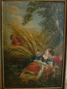 French school 18th Century, a pair of allegories of sum: French school 18th Century, a pair of allegories of summer and spring time in form of amourouse couples, oil on canvas. Dirt varnish, holes, cracks, need cleaning and restoration. each 105x72cm Pain