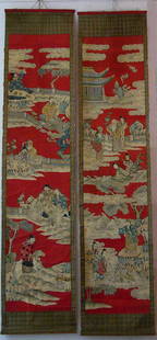 Pair of Chinese wall scrolls, painted on silk with: Pair of Chinese wall scrolls, painted on silk with different family and landscape scenes, laid down on paper. Tears. scratches, minor colour loss. lenght 240cm, width 50cm