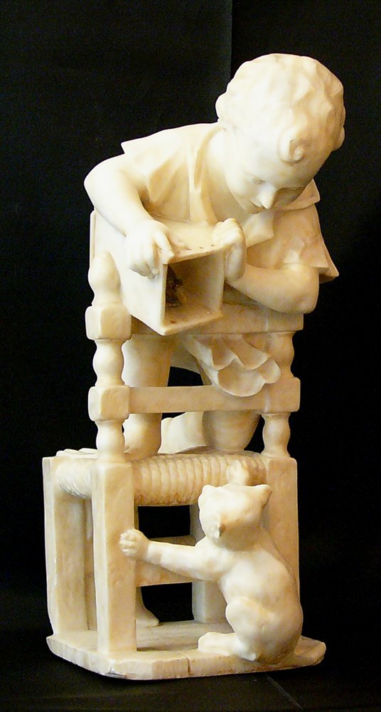 Italian alabaster sculpture, Boy kneeling on a stool: Italian alabaster sculpture, Boy kneeling on a stool showing a mouse in box to a young cat, Italian 19th Century. Cracks, chips, minor parts missing. height 53cm