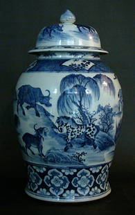 Large blue and white porcelain temple jar, round form: Large blue and white porcelain temple jar, round form with blue painted animals (lion, horse, cows, etc.) in landscape, on bottom floral decorated band and on top band with painted floral reserves, li