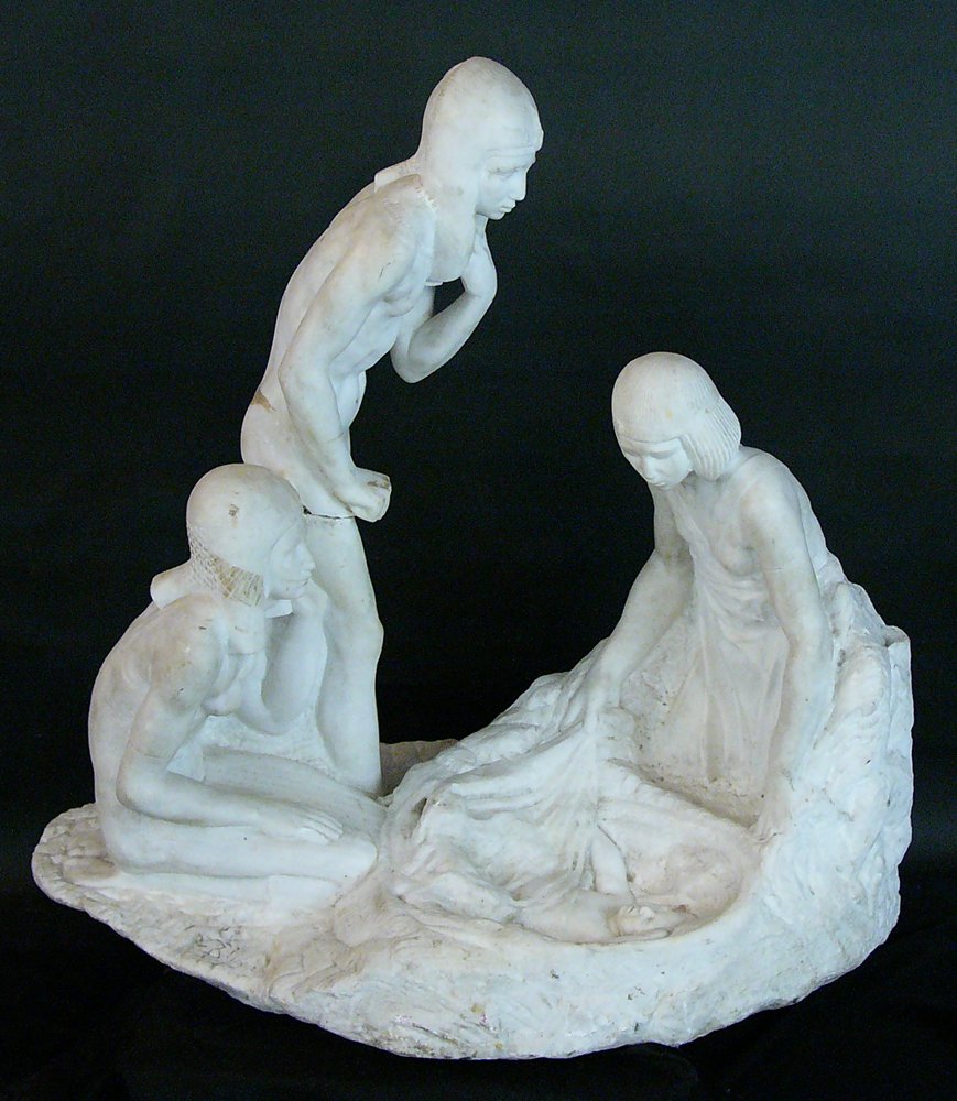 Joseph Bernard (1866-1931)-attributed, The finding of: Joseph Bernard (1866-1931)-attributed, The finding of Moses, white marble, signed lower left F. Bernard and dated 1914. Signs of age, one figure with tear, chips, broken parts. height 87cm