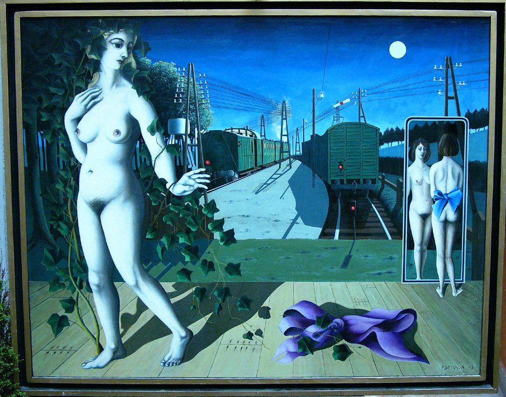 Paul Delvaux (1897-1994)-attributed, Surrealist night: Paul Delvaux (1897-1994)-attributed, Surrealist night scene with naked woman surrounded by wine leaves by a railway station with trains, electrifications, and another girl in front of a mirror, oil on