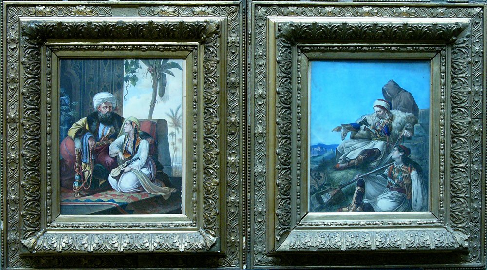 Amedeo Preziosi (1816-1882), A pair of hand colored: Amedeo Preziosi (1816-1882), A pair of hand colored lithographies, showing the Greeks with a view to the Acropolis and the Turkish sultan with his amusements, in late 19th Century frames. Signs of age