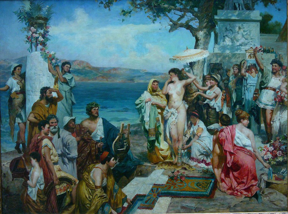 Vienna Coffee House Painting, Former wall decoration: Vienna Coffee House Painting, Former wall decoration from the historic old Cafe Brioni -Vienna, classical historical scene with ladies and men (possibly after Greek history) in landscape by the sea; o