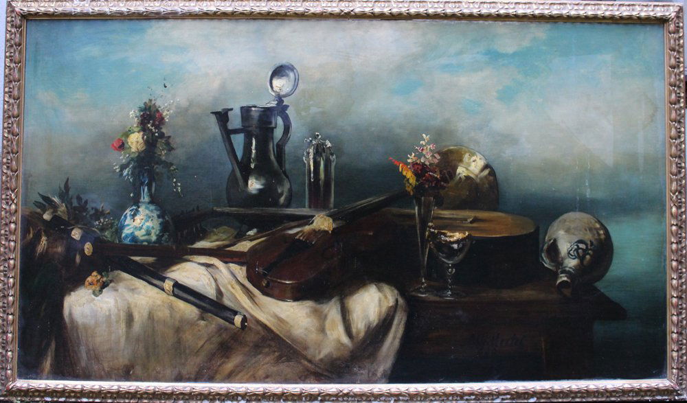 Albert Hertel (1843-1912), Large still life with: Albert Hertel (1843-1912), Large still life with instruments, jugs, glasses and flowers on a table, signed and dated bottom centre, oil on canvas, framed. Signs of age, rubbings, scratches. 190x107cm