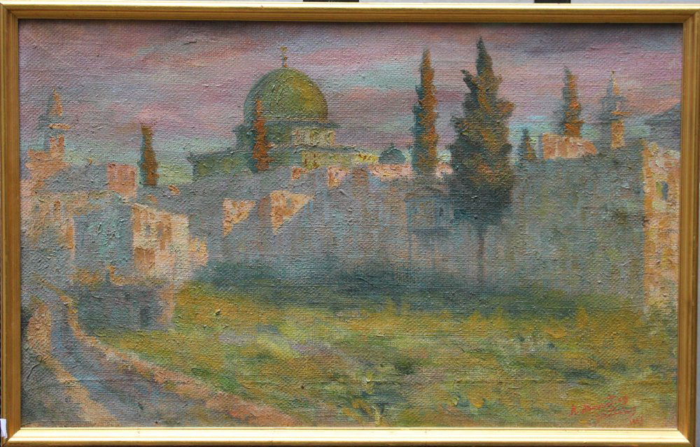 Jerusalem around 1900, View from the east with the way: Jerusalem around 1900, View from the east with the way to the Lions Gate, the Mosque and the wall, oil on canvas, signed dawn right, framed. Sings of age. 43x70cm