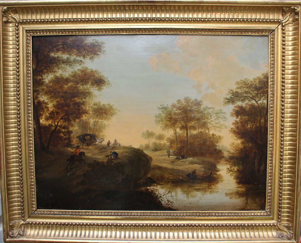 Jan Wijnants (1632-1684)-attributed, Romantic landscape: Jan Wijnants (1632-1684)-attributed, Romantic landscape with horse riders, a carriage and hunters by a river, oil on oak panel, framed. 47x62cm