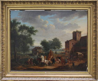 Jean-Louis Demarne (1752-1829)-attributed, Idyllic: Jean-Louis Demarne (1752-1829)-attributed, Idyllic landscape with peasants and riders resting by a house. Oil on canvas, in original frame. 55x67cm