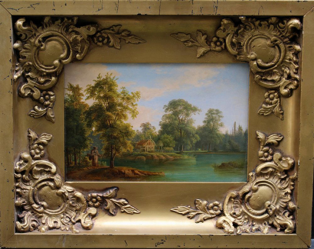 Carlo Marko the Elder (1791-1860)-attributed, Landscape: Carlo Marko the Elder (1791-1860)-attributed, Landscape with priest and chapel by a lake. Oil on cardboard, signed down centre “Marko 1850”. Framed. 16x24cm