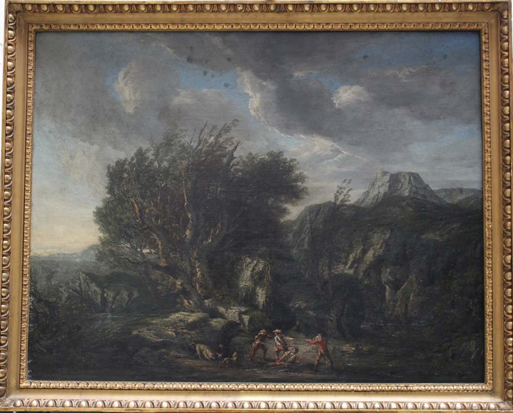 Gaspare Diziani (1689-1767)-attributed, Hunter with dog: Gaspare Diziani (1689-1767)-attributed, Hunter with dogs fighting a black bear in landscape; oil on canvas, in a carved and gilded classicistic collectors frame. 92x117cm