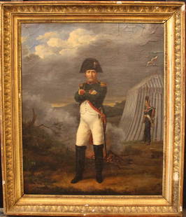 French school early 19th Century, Napoleon Bonaparte ( : French school early 19th Century, Napoleon Bonaparte ( 1769-1821 ) at in front of his tent with a guard by a fire, in landscape; oil on canvas in a gilded period frame. 50x42 cm